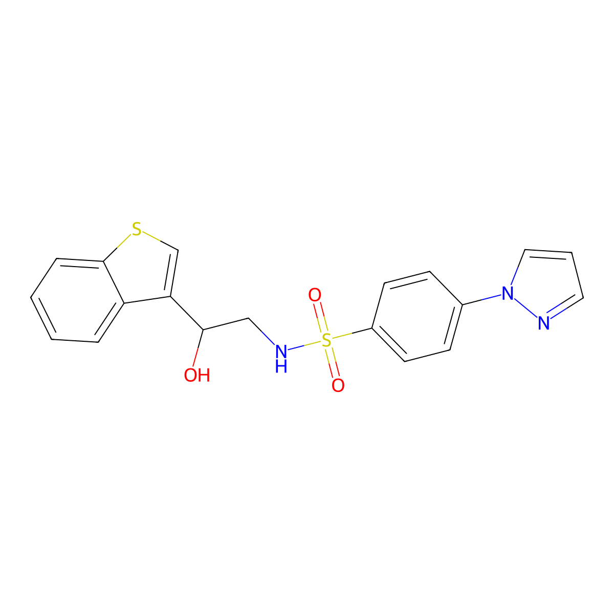 N-(2-(benzo[b]thiophen-3-yl)-2-hydroxyethyl)-4-(1H-pyrazol-1-yl)benzenesulfonamide molecular structure, CAS 2034570-99-3