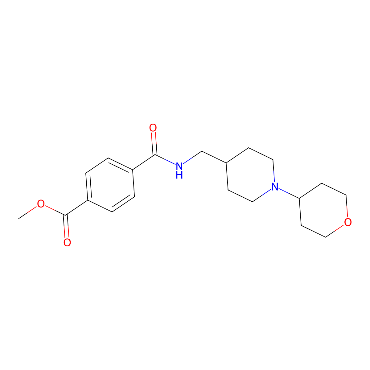 methyl 4-(((1-(tetrahydro-2H-pyran-4-yl)piperidin-4-yl)methyl)carbamoyl)benzoate molecular structure, CAS 2034571-00-9