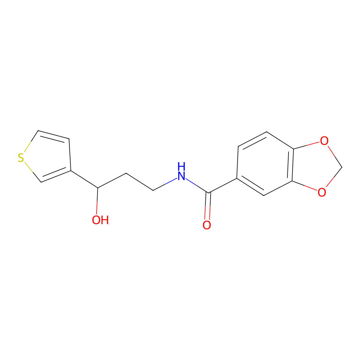 N-(3-hydroxy-3-(thiophen-3-yl)propyl)benzo[d][1,3]dioxole-5-carboxamide molecular structure, CAS 2034571-02-1
