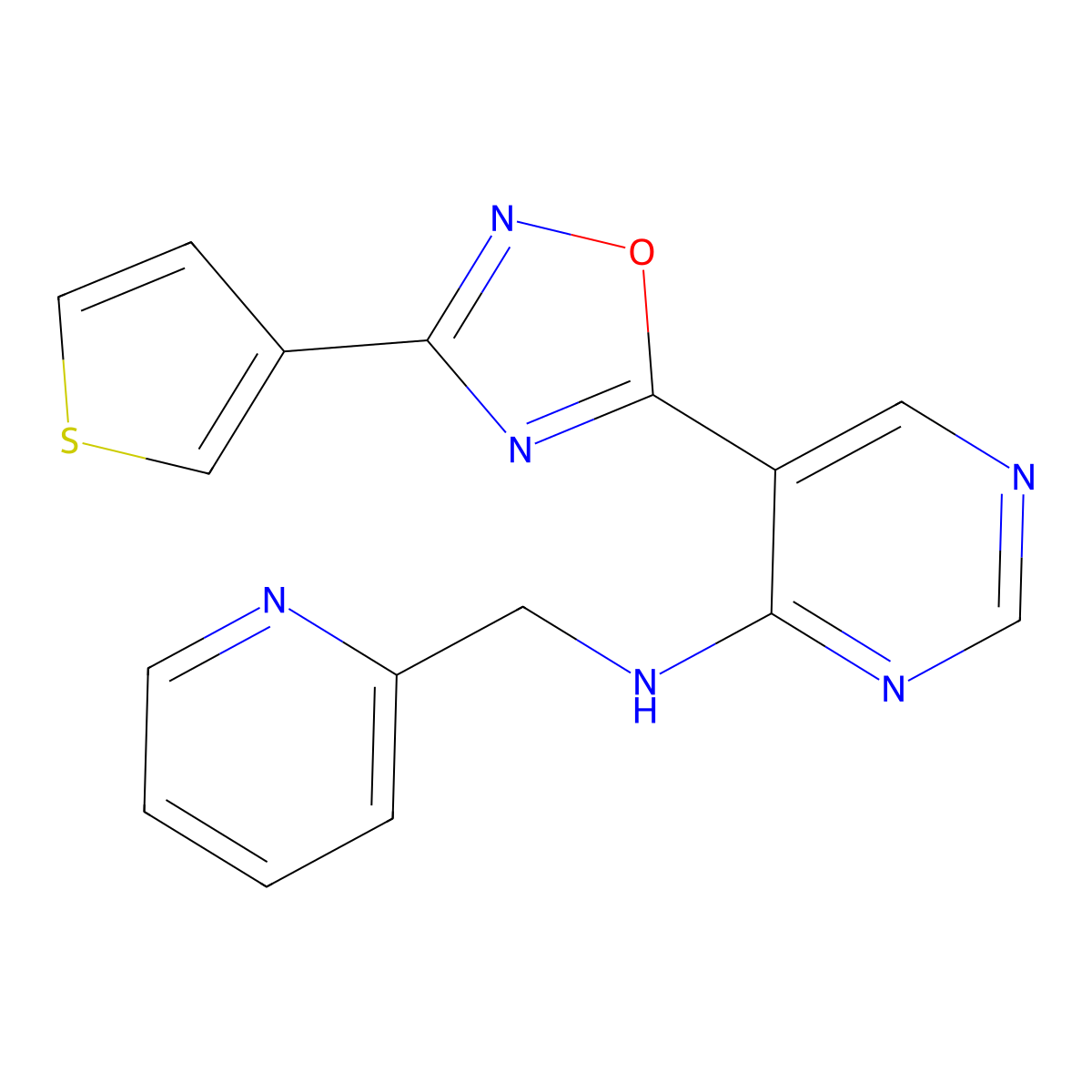 N-(pyridin-2-ylmethyl)-5-(3-(thiophen-3-yl)-1,2,4-oxadiazol-5-yl)pyrimidin-4-amine molecular structure, CAS 2034571-03-2
