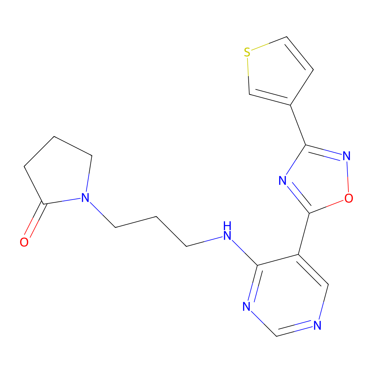 1-[3-({5-[3-(Thiophen-3-yl)-1,2,4-oxadiazol-5-yl]pyrimidin-4-yl}amino)propyl]pyrrolidin-2-one molecular structure, CAS 2034571-05-4