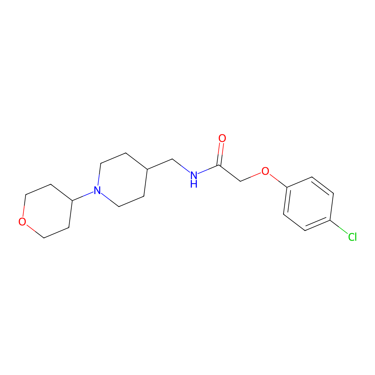 2-(4-chlorophenoxy)-N-((1-(tetrahydro-2H-pyran-4-yl)piperidin-4-yl)methyl)acetamide molecular structure, CAS 2034571-08-7