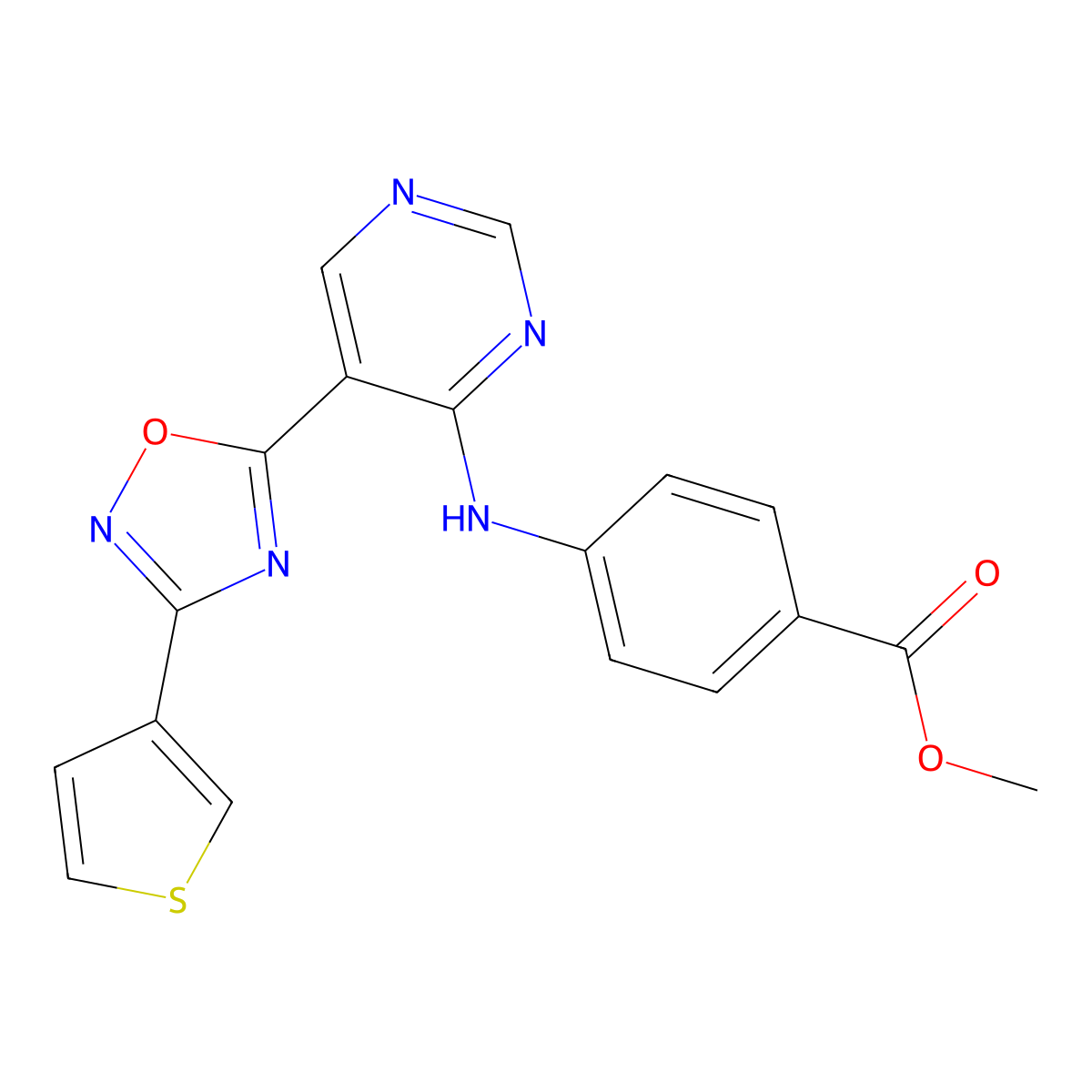 Methyl 4-((5-(3-(thiophen-3-yl)-1,2,4-oxadiazol-5-yl)pyrimidin-4-yl)amino)benzoate molecular structure, CAS 2034571-10-1