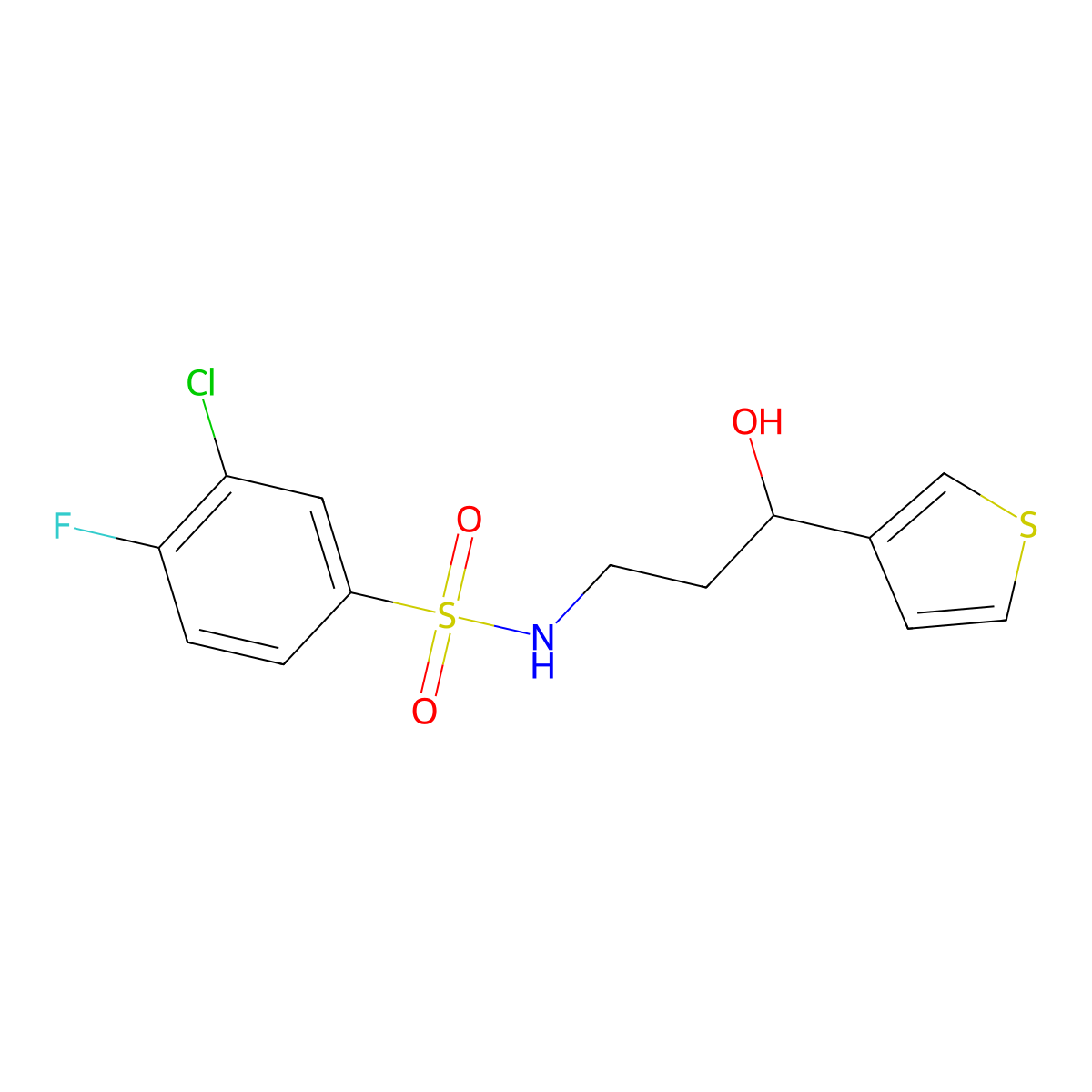 3-chloro-4-fluoro-N-(3-hydroxy-3-(thiophen-3-yl)propyl)benzenesulfonamide molecular structure, CAS 2034571-19-0