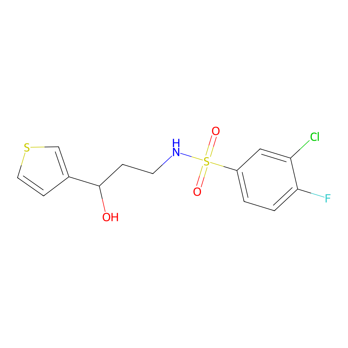3-chloro-4-fluoro-N-(3-hydroxy-3-(thiophen-3-yl)propyl)benzenesulfonamide molecular structure, CAS 2034571-19-0