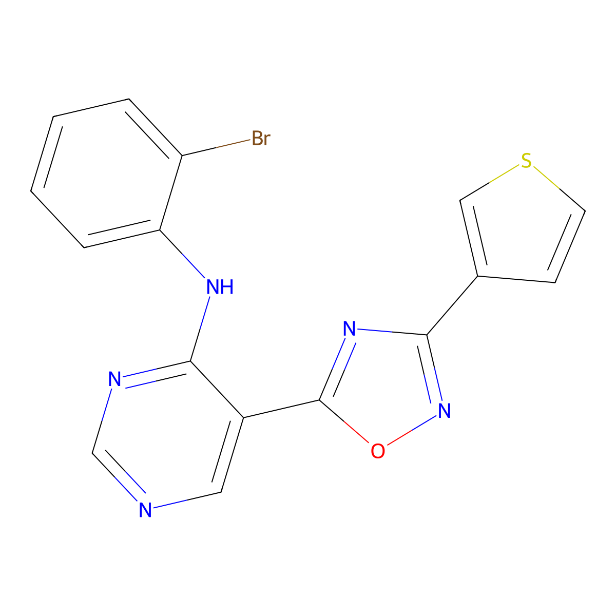 N-(2-bromophenyl)-5-(3-(thiophen-3-yl)-1,2,4-oxadiazol-5-yl)pyrimidin-4-amine molecular structure, CAS 2034571-21-4