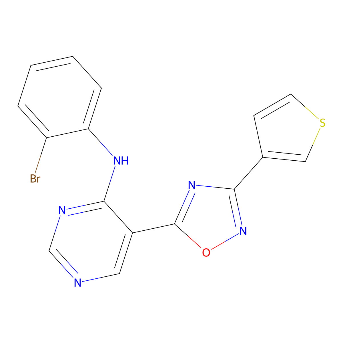 N-(2-bromophenyl)-5-(3-(thiophen-3-yl)-1,2,4-oxadiazol-5-yl)pyrimidin-4-amine molecular structure, CAS 2034571-21-4