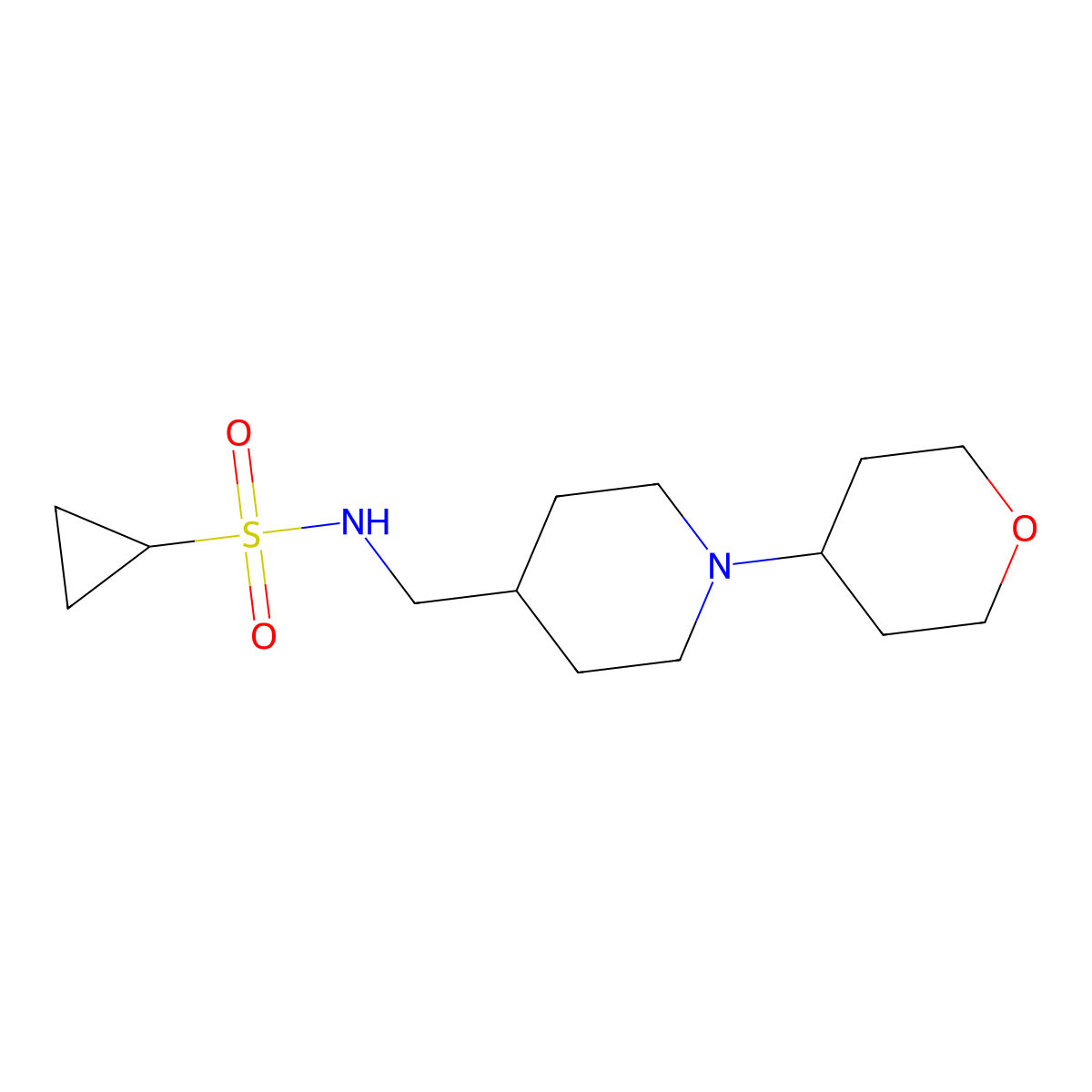 N-((1-(tetrahydro-2H-pyran-4-yl)piperidin-4-yl)methyl)cyclopropanesulfonamide molecular structure, CAS 2034571-26-9