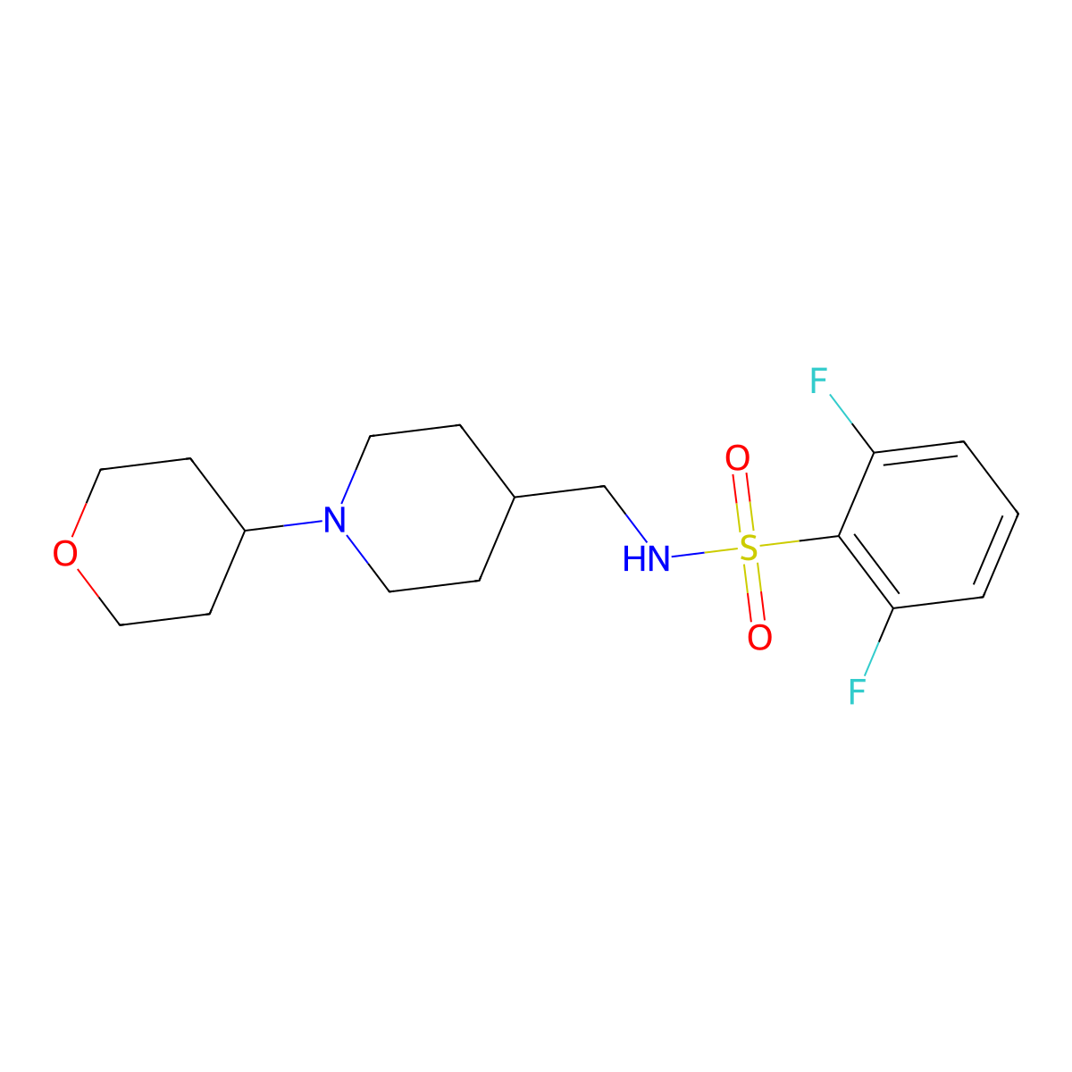 2,6-difluoro-N-((1-(tetrahydro-2H-pyran-4-yl)piperidin-4-yl)methyl)benzenesulfonamide molecular structure, CAS 2034571-28-1