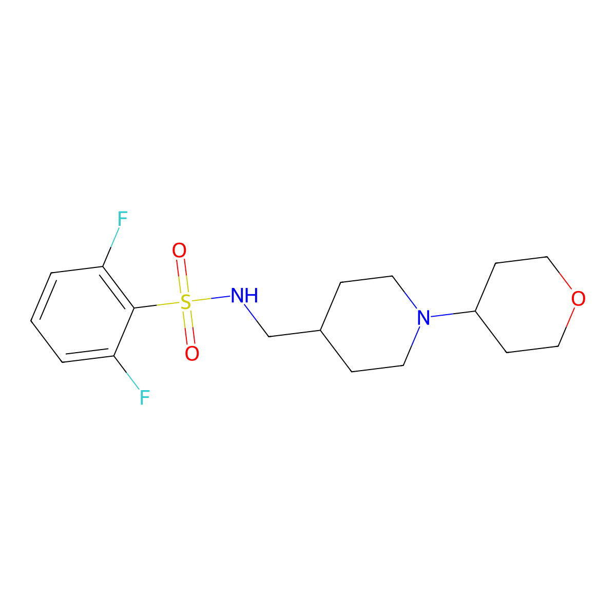2,6-difluoro-N-((1-(tetrahydro-2H-pyran-4-yl)piperidin-4-yl)methyl)benzenesulfonamide molecular structure, CAS 2034571-28-1