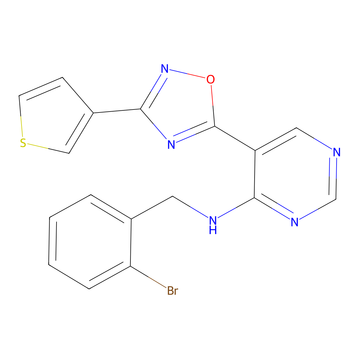 N-(2-bromobenzyl)-5-(3-(thiophen-3-yl)-1,2,4-oxadiazol-5-yl)pyrimidin-4-amine molecular structure, CAS 2034571-32-7