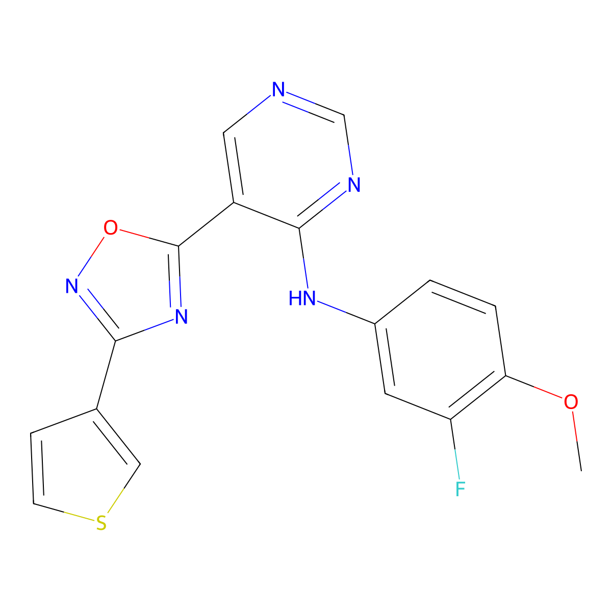 N-(3-fluoro-4-methoxyphenyl)-5-(3-(thiophen-3-yl)-1,2,4-oxadiazol-5-yl)pyrimidin-4-amine molecular structure, CAS 2034571-34-9