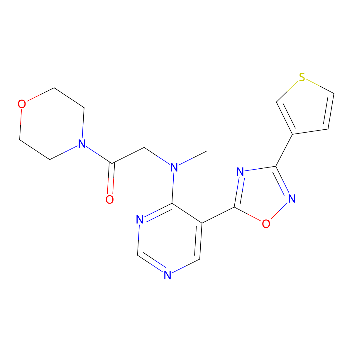 2-(Methyl(5-(3-(thiophen-3-yl)-1,2,4-oxadiazol-5-yl)pyrimidin-4-yl)amino)-1-morpholinoethanone molecular structure, CAS 2034571-38-3