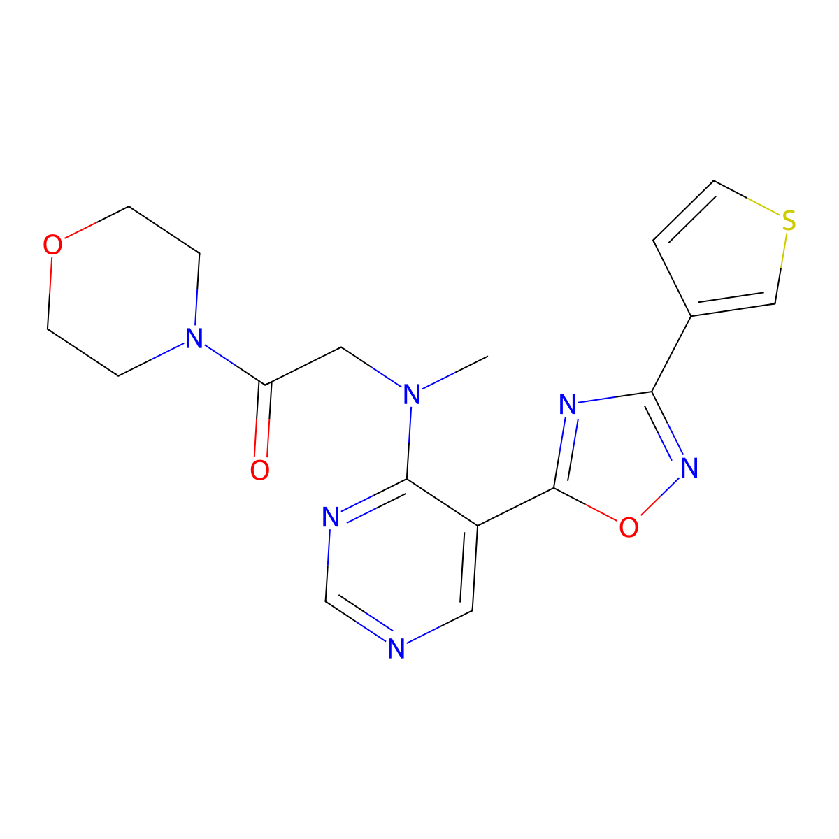 2-(Methyl(5-(3-(thiophen-3-yl)-1,2,4-oxadiazol-5-yl)pyrimidin-4-yl)amino)-1-morpholinoethanone molecular structure, CAS 2034571-38-3