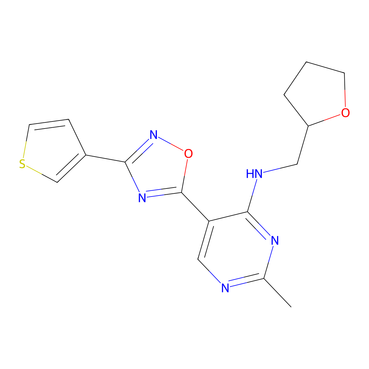 2-methyl-N-((tetrahydrofuran-2-yl)methyl)-5-(3-(thiophen-3-yl)-1,2,4-oxadiazol-5-yl)pyrimidin-4-amine molecular structure, CAS 2034571-42-9