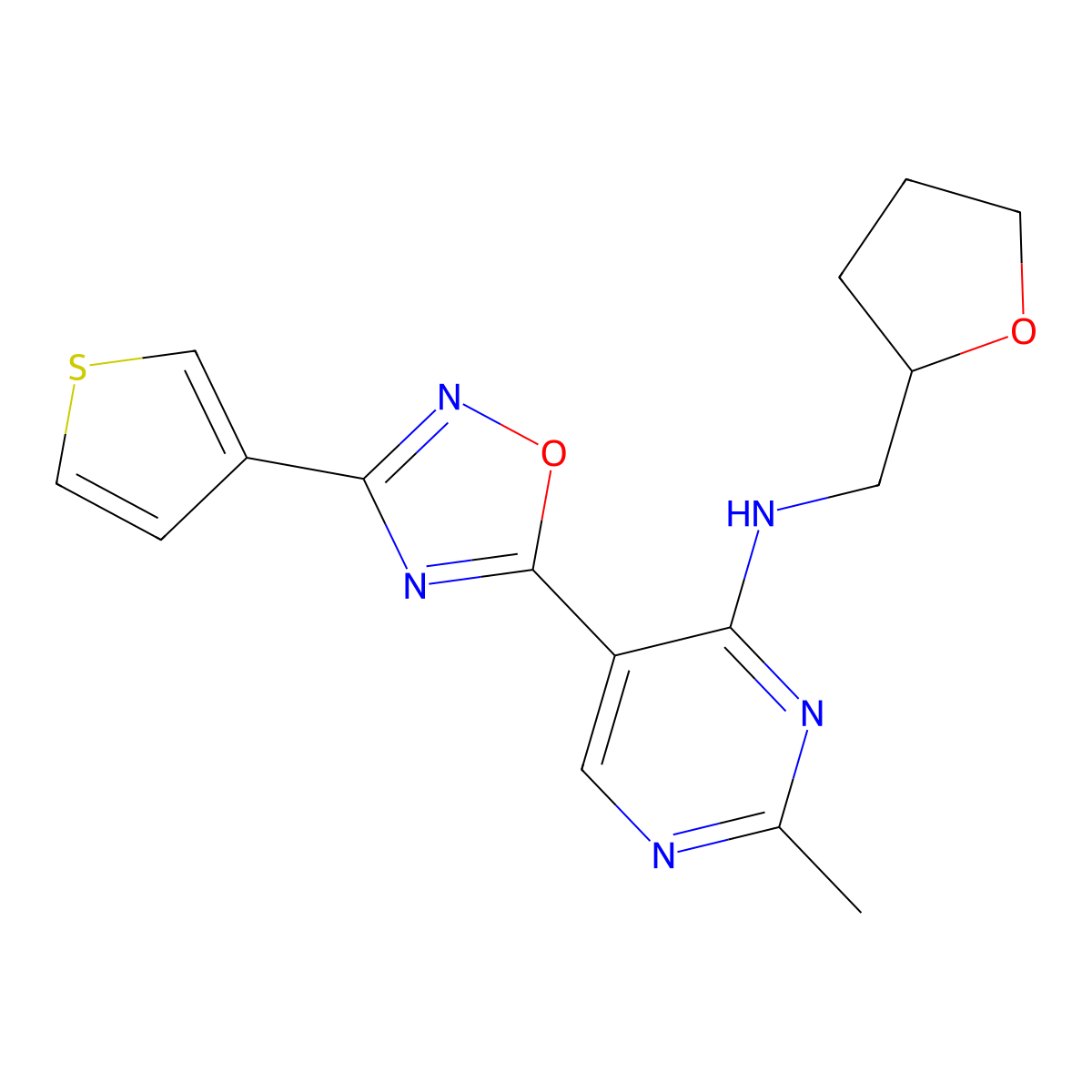 2-methyl-N-((tetrahydrofuran-2-yl)methyl)-5-(3-(thiophen-3-yl)-1,2,4-oxadiazol-5-yl)pyrimidin-4-amine molecular structure, CAS 2034571-42-9