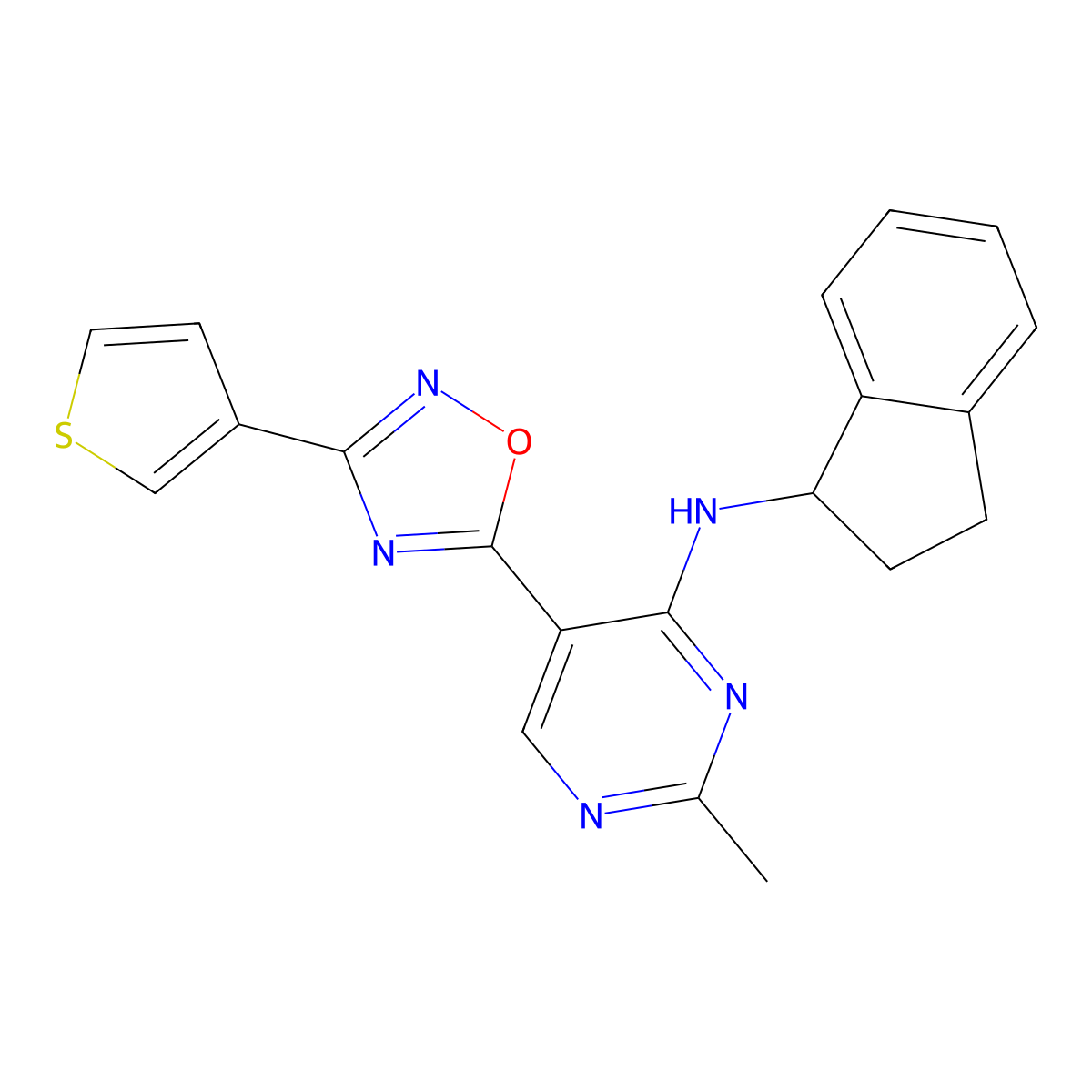 N-(2,3-dihydro-1H-inden-1-yl)-2-methyl-5-(3-(thiophen-3-yl)-1,2,4-oxadiazol-5-yl)pyrimidin-4-amine molecular structure, CAS 2034571-51-0