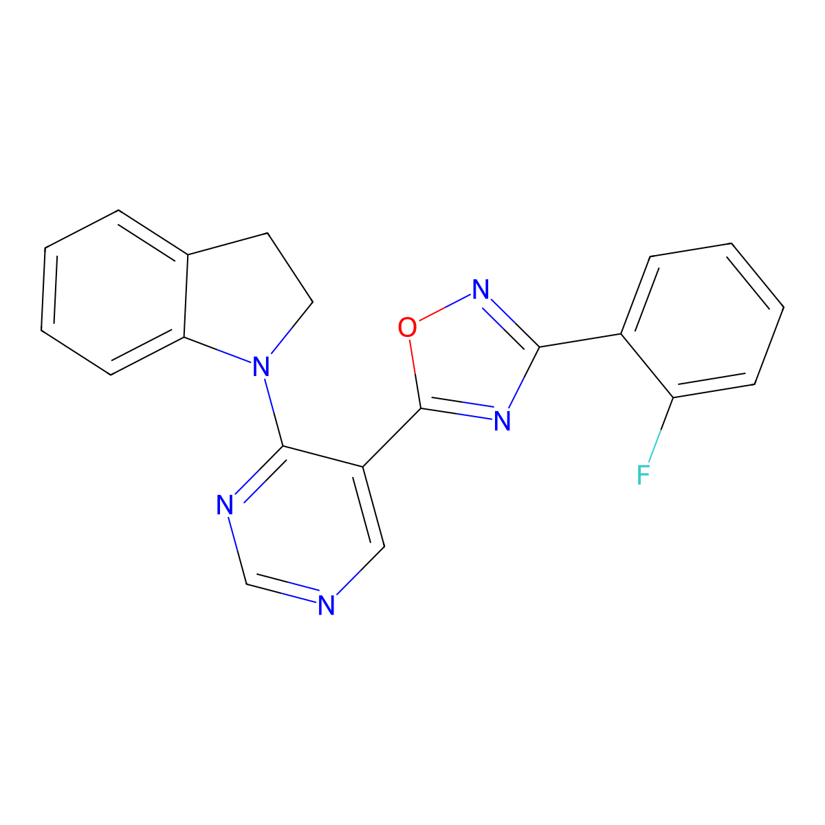 3-(2-Fluorophenyl)-5-(4-(indolin-1-yl)pyrimidin-5-yl)-1,2,4-oxadiazole molecular structure, CAS 2034571-56-5