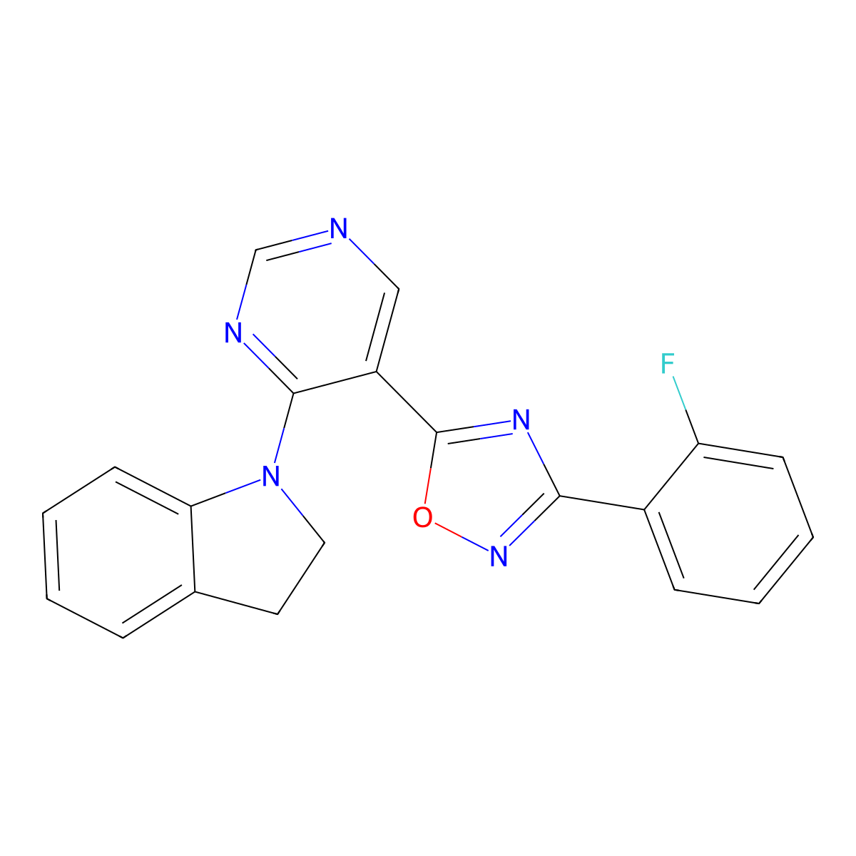 3-(2-Fluorophenyl)-5-(4-(indolin-1-yl)pyrimidin-5-yl)-1,2,4-oxadiazole molecular structure, CAS 2034571-56-5