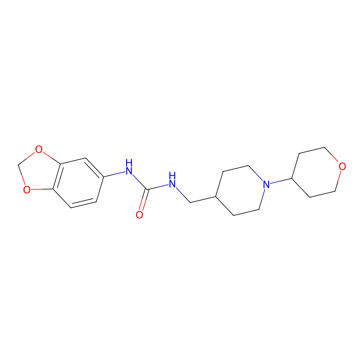 1-(benzo[d][1,3]dioxol-5-yl)-3-((1-(tetrahydro-2H-pyran-4-yl)piperidin-4-yl)methyl)urea molecular structure, CAS 2034571-59-8
