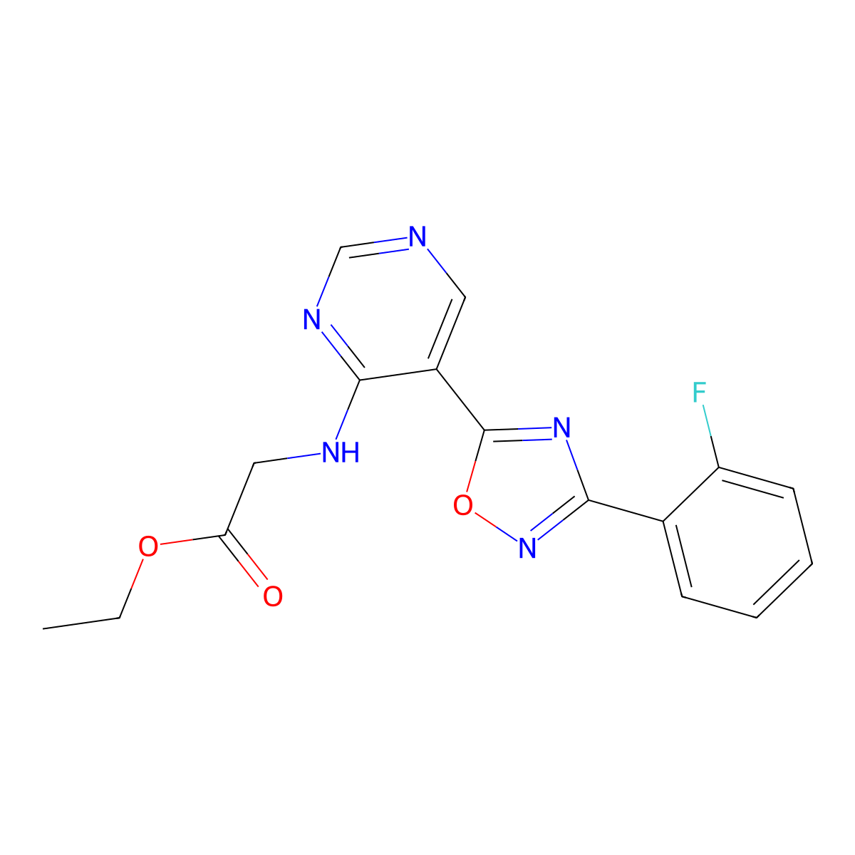Ethyl 2-((5-(3-(2-fluorophenyl)-1,2,4-oxadiazol-5-yl)pyrimidin-4-yl)amino)acetate molecular structure, CAS 2034571-69-0
