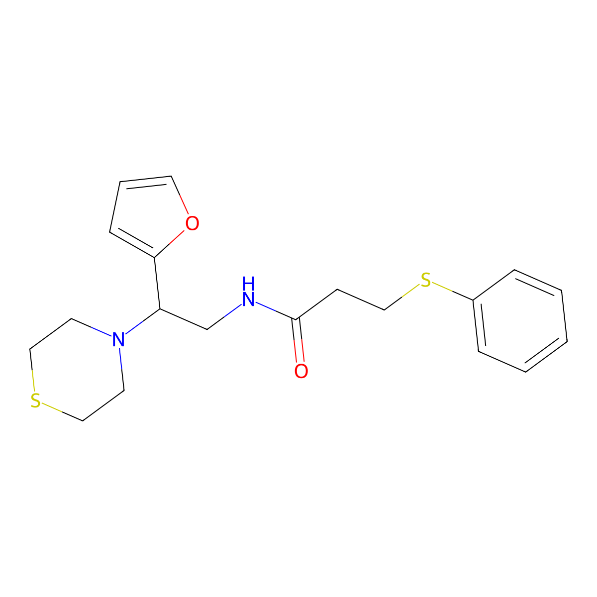 N-(2-(furan-2-yl)-2-thiomorpholinoethyl)-3-(phenylthio)propanamide molecular structure, CAS 2034571-70-3