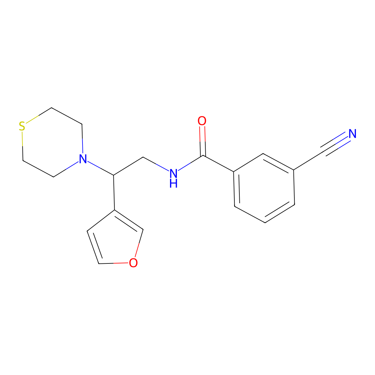 3-cyano-N-(2-(furan-3-yl)-2-thiomorpholinoethyl)benzamide molecular structure, CAS 2034571-78-1