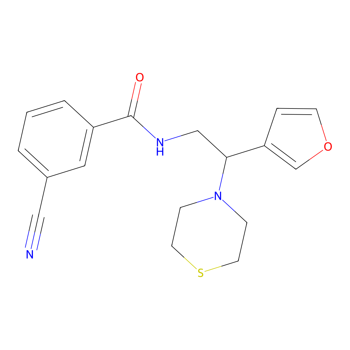3-cyano-N-(2-(furan-3-yl)-2-thiomorpholinoethyl)benzamide molecular structure, CAS 2034571-78-1