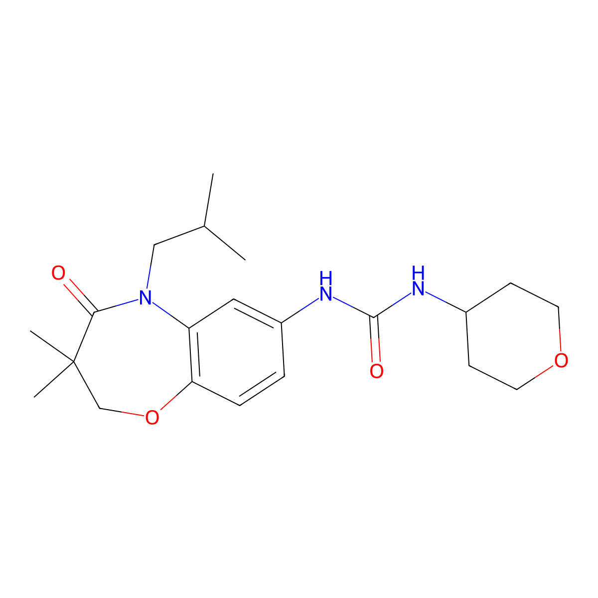 1-(5-isobutyl-3,3-dimethyl-4-oxo-2,3,4,5-tetrahydrobenzo[b][1,4]oxazepin-7-yl)-3-(tetrahydro-2H-pyran-4-yl)urea molecular structure, CAS 2034571-80-5