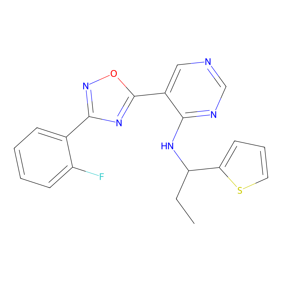5-(3-(2-fluorophenyl)-1,2,4-oxadiazol-5-yl)-N-(1-(thiophen-2-yl)propyl)pyrimidin-4-amine molecular structure, CAS 2034571-82-7