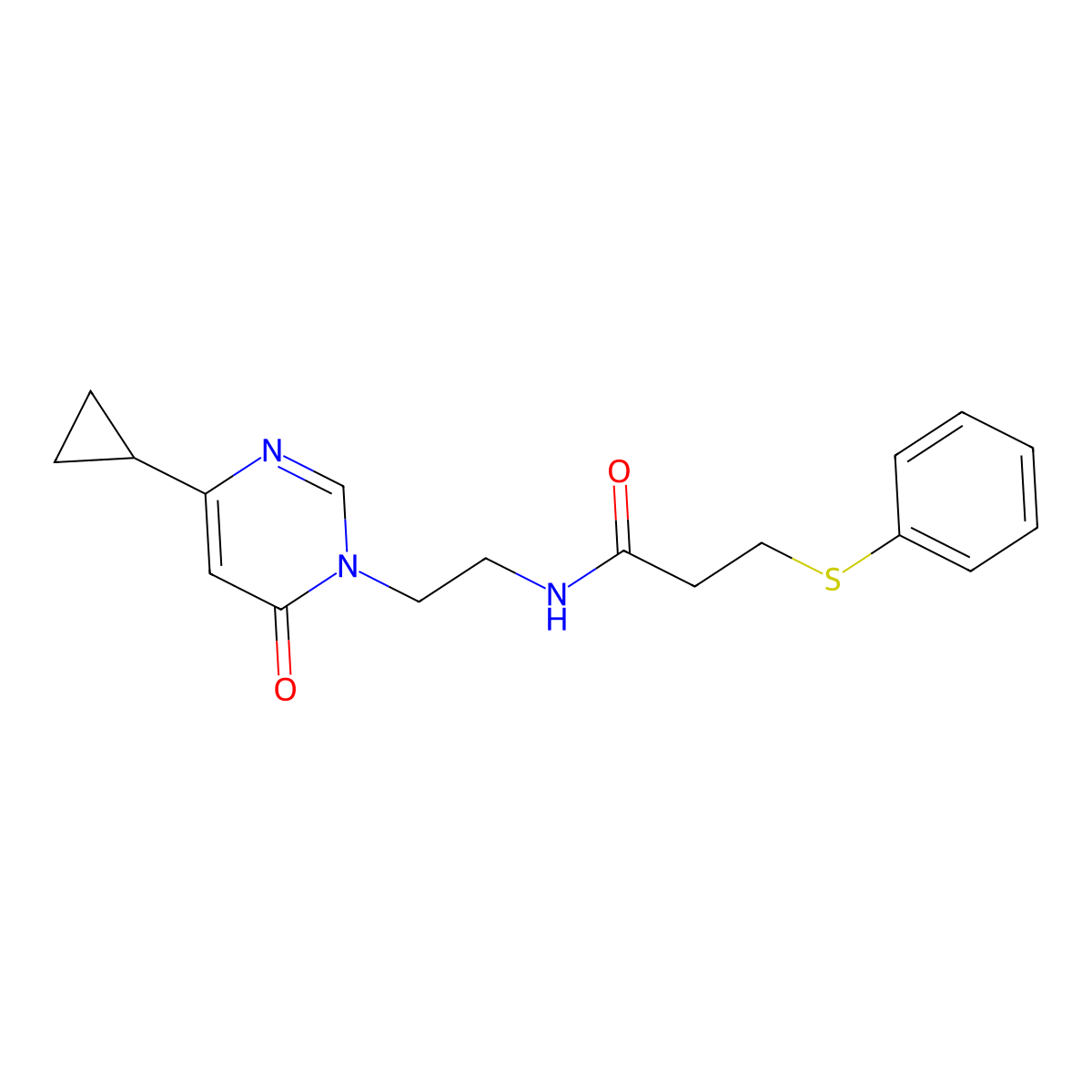 N-(2-(4-cyclopropyl-6-oxopyrimidin-1(6H)-yl)ethyl)-3-(phenylthio)propanamide molecular structure, CAS 2034572-01-3