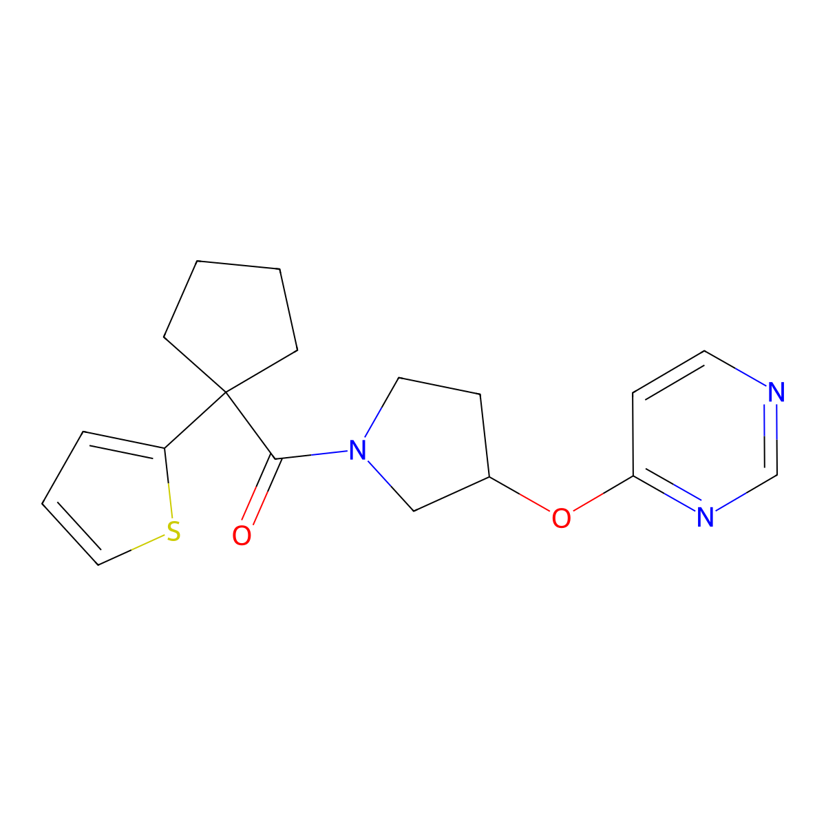 (3-(Pyrimidin-4-yloxy)pyrrolidin-1-yl)(1-(thiophen-2-yl)cyclopentyl)methanone molecular structure, CAS 2034572-03-5