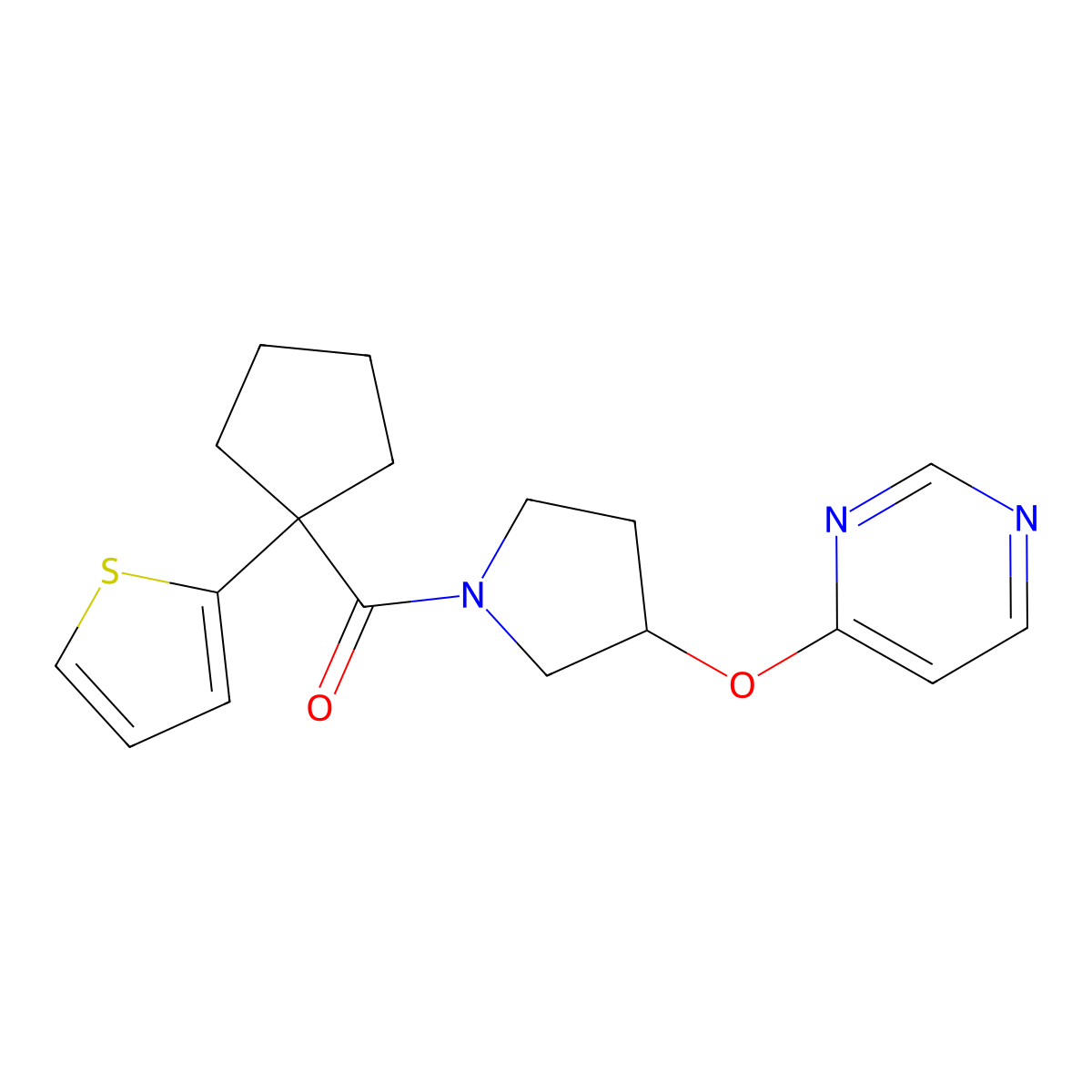 (3-(Pyrimidin-4-yloxy)pyrrolidin-1-yl)(1-(thiophen-2-yl)cyclopentyl)methanone molecular structure, CAS 2034572-03-5