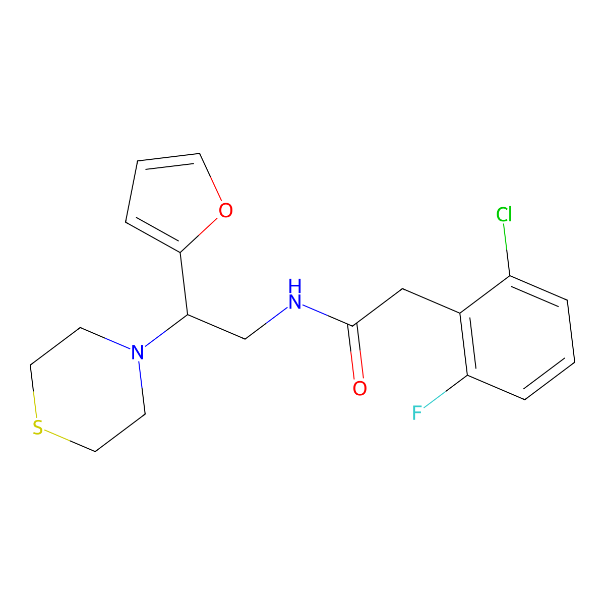 2-(2-chloro-6-fluorophenyl)-N-(2-(furan-2-yl)-2-thiomorpholinoethyl)acetamide molecular structure, CAS 2034572-14-8