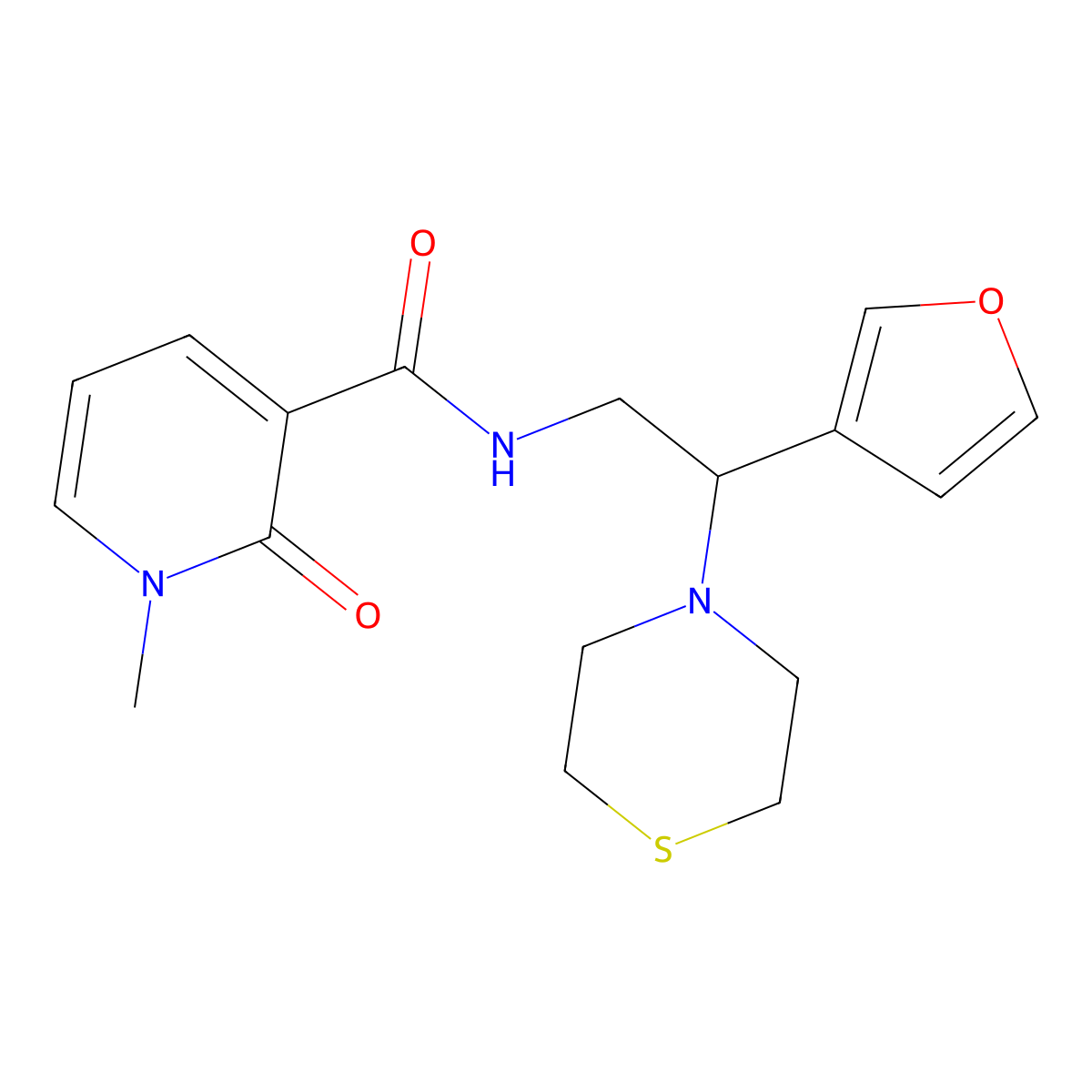 N-(2-(furan-3-yl)-2-thiomorpholinoethyl)-1-methyl-2-oxo-1,2-dihydropyridine-3-carboxamide molecular structure, CAS 2034572-17-1