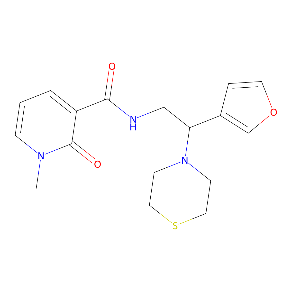 N-(2-(furan-3-yl)-2-thiomorpholinoethyl)-1-methyl-2-oxo-1,2-dihydropyridine-3-carboxamide molecular structure, CAS 2034572-17-1