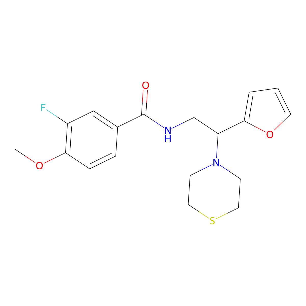 3-fluoro-N-(2-(furan-2-yl)-2-thiomorpholinoethyl)-4-methoxybenzamide molecular structure, CAS 2034572-18-2