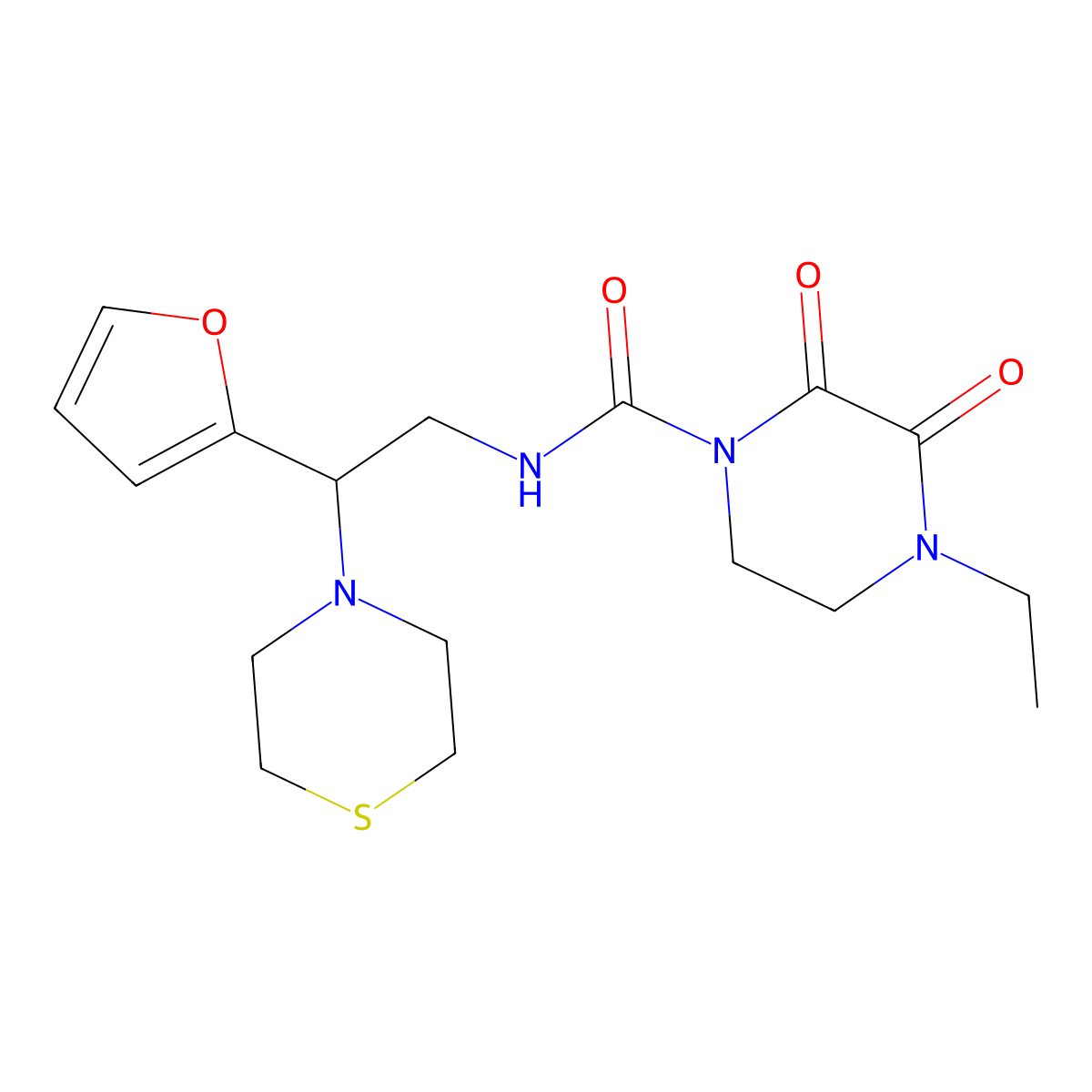 4-ethyl-N-(2-(furan-2-yl)-2-thiomorpholinoethyl)-2,3-dioxopiperazine-1-carboxamide molecular structure, CAS 2034572-24-0
