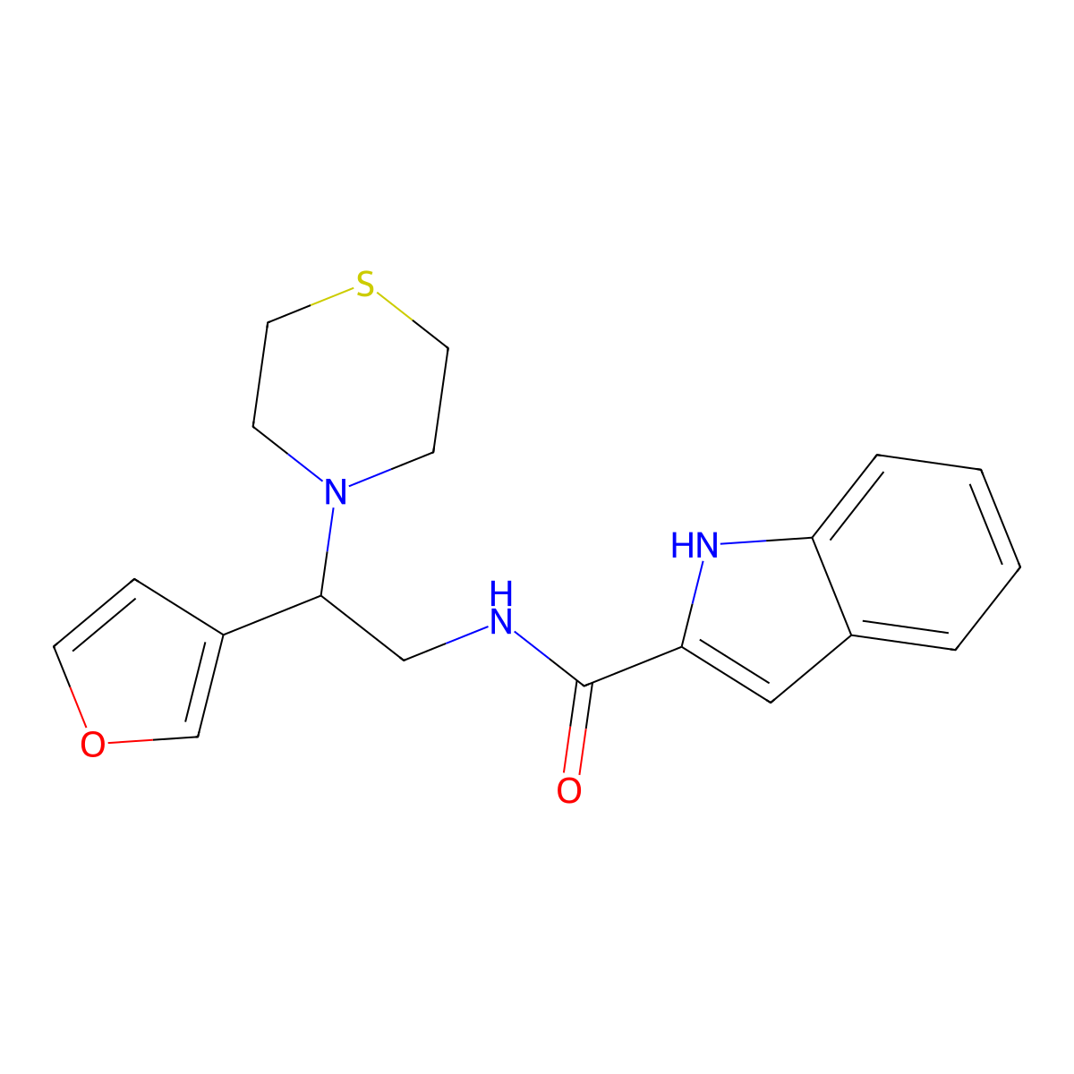 N-(2-(furan-3-yl)-2-thiomorpholinoethyl)-1H-indole-2-carboxamide molecular structure, CAS 2034572-27-3