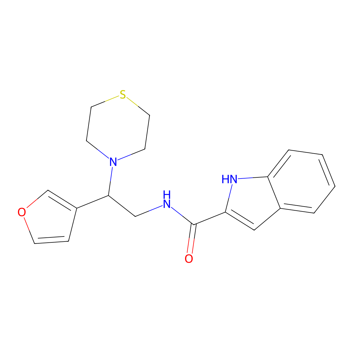 N-(2-(furan-3-yl)-2-thiomorpholinoethyl)-1H-indole-2-carboxamide molecular structure, CAS 2034572-27-3