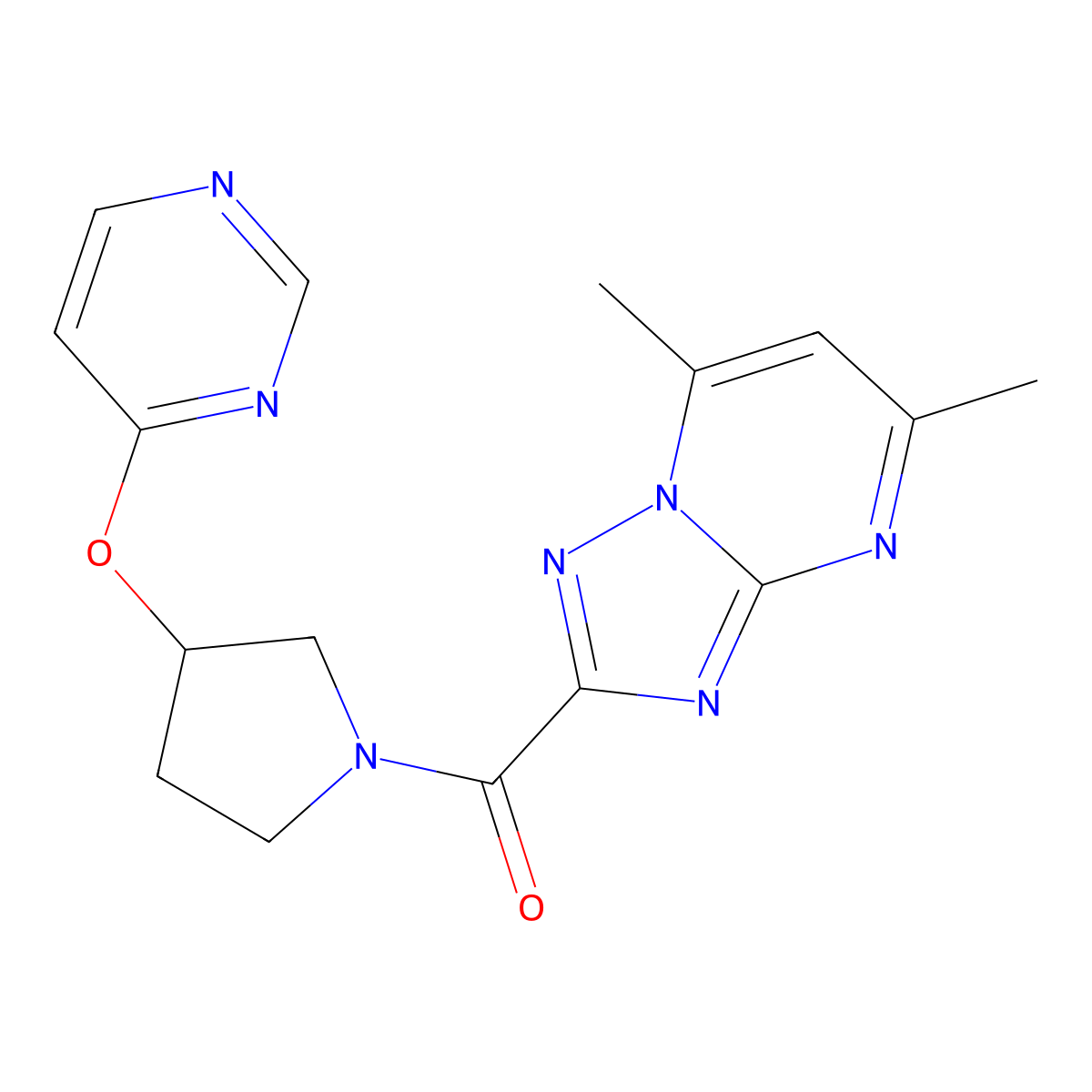 (5,7-Dimethyl-[1,2,4]triazolo[1,5-a]pyrimidin-2-yl)(3-(pyrimidin-4-yloxy)pyrrolidin-1-yl)methanone molecular structure, CAS 2034572-29-5