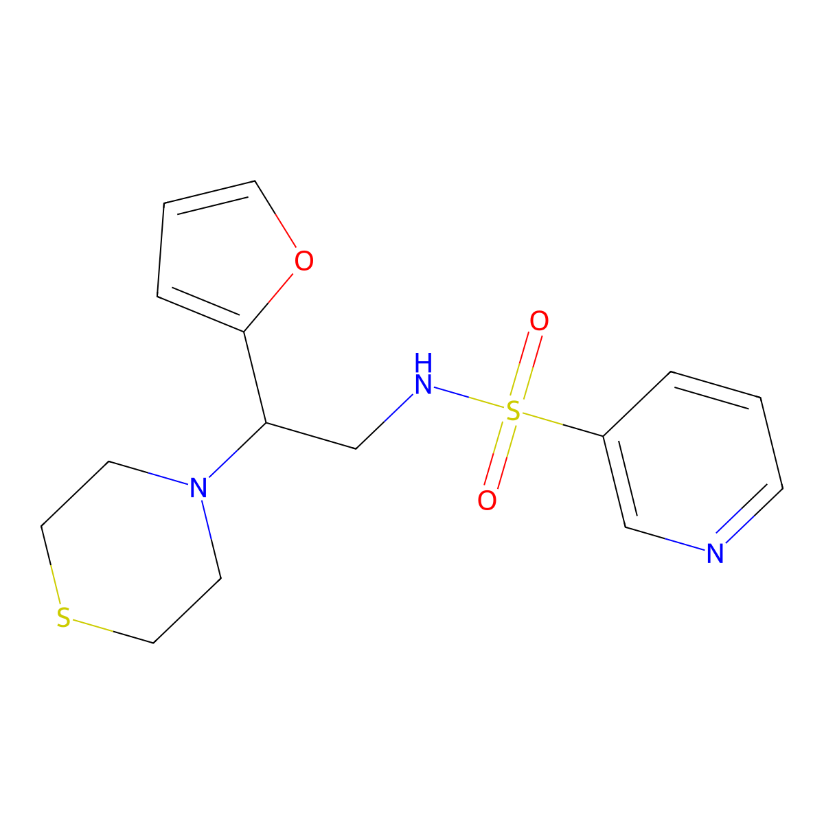 N-(2-(furan-2-yl)-2-thiomorpholinoethyl)pyridine-3-sulfonamide molecular structure, CAS 2034572-31-9