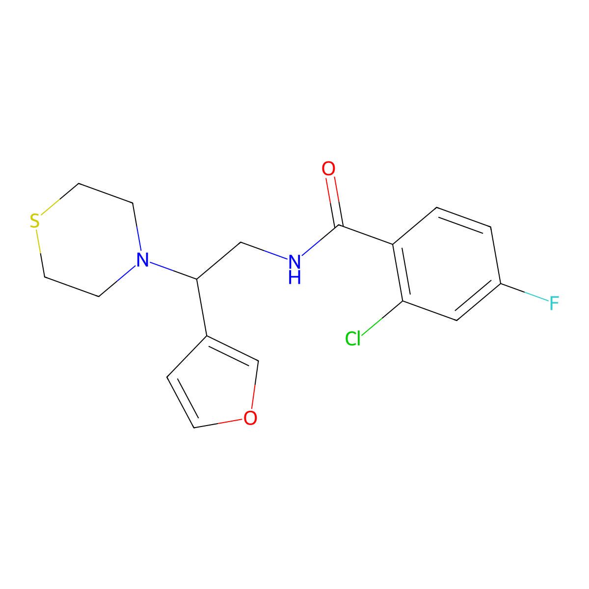 2-chloro-4-fluoro-N-(2-(furan-3-yl)-2-thiomorpholinoethyl)benzamide molecular structure, CAS 2034572-32-0