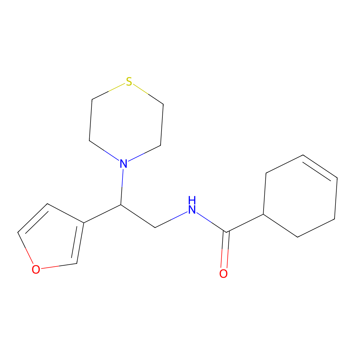 N-(2-(furan-3-yl)-2-thiomorpholinoethyl)cyclohex-3-enecarboxamide molecular structure, CAS 2034572-36-4