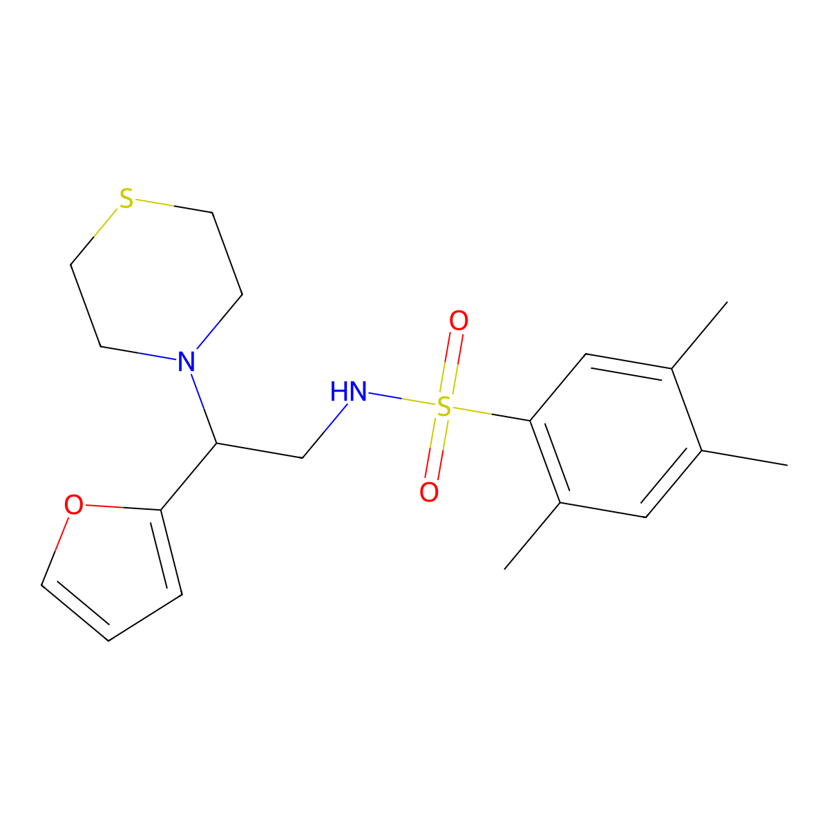 N-(2-(furan-2-yl)-2-thiomorpholinoethyl)-2,4,5-trimethylbenzenesulfonamide molecular structure, CAS 2034572-37-5