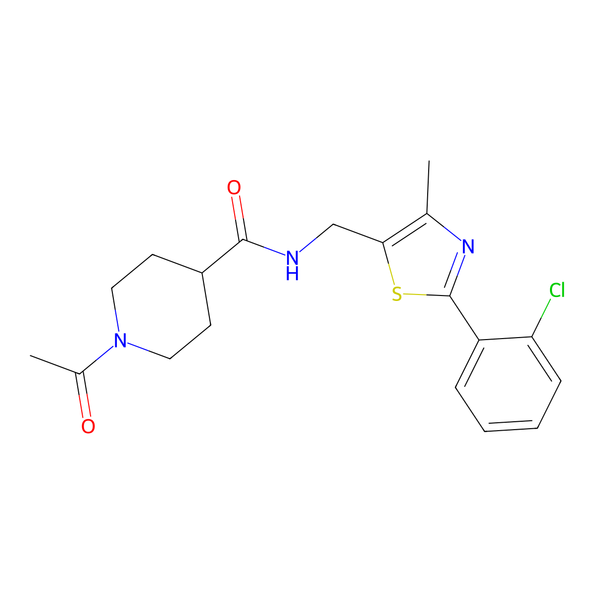 1-acetyl-N-((2-(2-chlorophenyl)-4-methylthiazol-5-yl)methyl)piperidine-4-carboxamide molecular structure, CAS 2034572-40-0