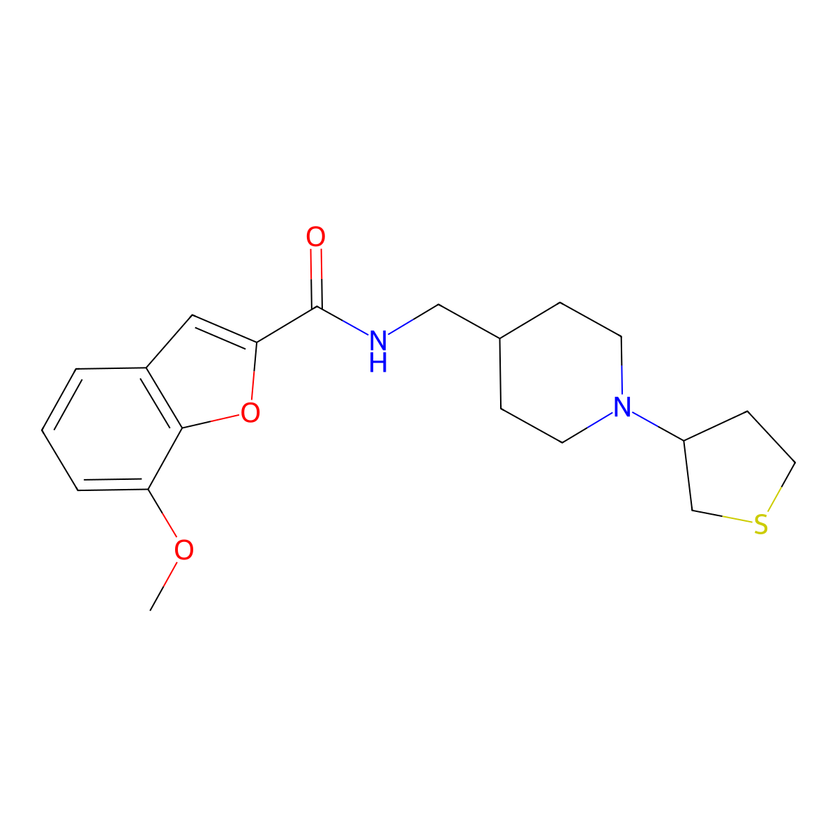 7-methoxy-N-((1-(tetrahydrothiophen-3-yl)piperidin-4-yl)methyl)benzofuran-2-carboxamide molecular structure, CAS 2034572-44-4