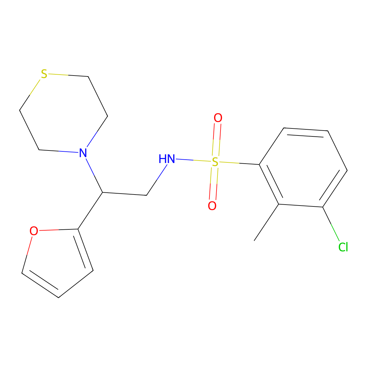 3-chloro-N-(2-(furan-2-yl)-2-thiomorpholinoethyl)-2-methylbenzenesulfonamide molecular structure, CAS 2034572-56-8
