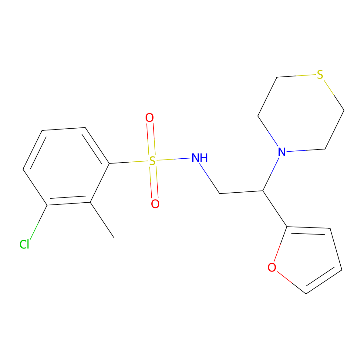3-chloro-N-(2-(furan-2-yl)-2-thiomorpholinoethyl)-2-methylbenzenesulfonamide molecular structure, CAS 2034572-56-8