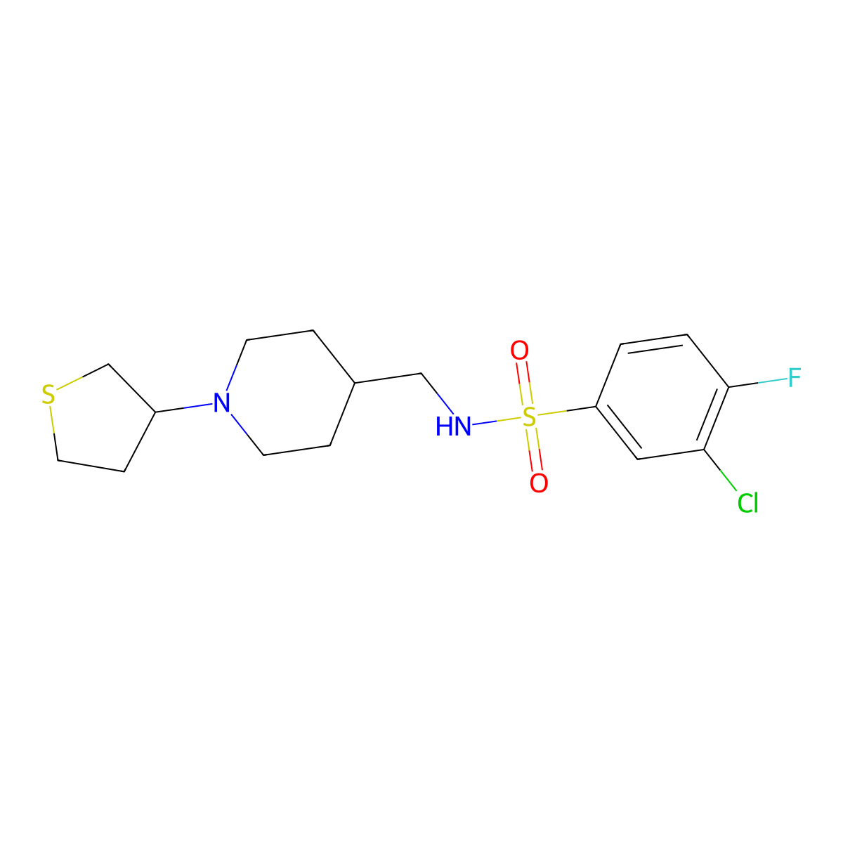 3-chloro-4-fluoro-N-((1-(tetrahydrothiophen-3-yl)piperidin-4-yl)methyl)benzenesulfonamide molecular structure, CAS 2034572-58-0